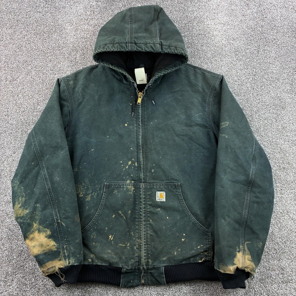 Vintage Carhartt Jacket Mens XL Tall Faded Black Canvas Hooded Quilted J140 BLK